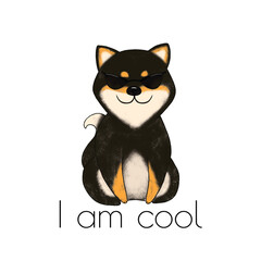 Shiba inu dog black, red, white and dog paw print. Cute dogs are sitting, having fun. For fabric, t-shirt, i am cool. on a transparent background.