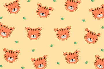 Cute tiger face pattern with leaf isolate on yellow background. Creative for print, screen, wallpaper, textile or cover.Vector.Illuatration.