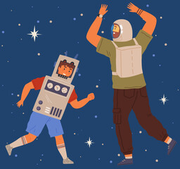 Animators at birthday party in cosmic style. Theme party in costumes. People in costumes have fun at space party. Characters in self made outfits surrounded by cosmic bodies and celestial objects