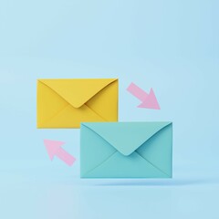 Mail envelopes. Online correspondence, incoming and outgoing mail message concept. 3d rendering icon. Cartoon minimal style.