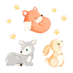 cute animals from the forest, deer, fox, hare. Set with kids animals from the forest without a background

