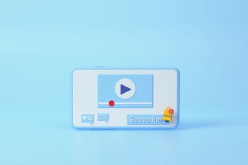 Mobile modern playing video floating on blue background, wireless media connection Online multimedia concept. subscribe ,banner ,copy space, 3d render illustration