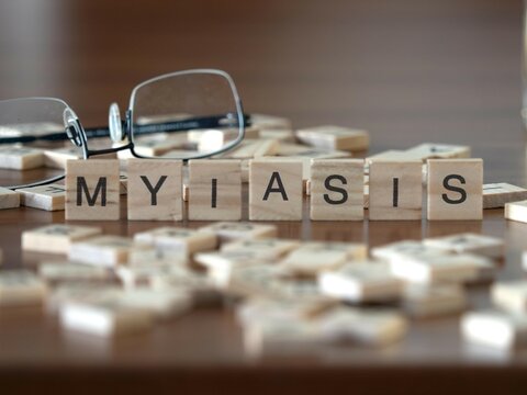 myiasis word or concept represented by wooden letter tiles on a wooden table with glasses and a book