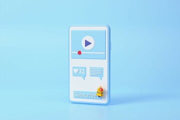 3D render Online multimedia with smartphone modern playing video floating on blue background, wireless media connection. subscribe ,banner ,copy space, illustration