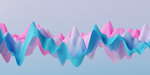 Pastel sound wave or mountains low poly style 3d rendering. 3d blue and pink mountains background. 3d illustration