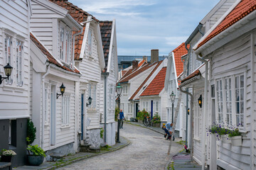 Gamle Stavanger, an historic area of the old city with restored white wooden buildings from 18th and 19th century.