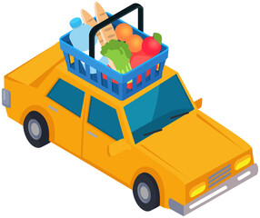 Yellow vehicle with basket on roof. Food delivery service, transportation of purchases concept. Automobile transports container with products. Car with shopping container full of fruit and vegetables