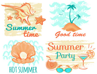 Good time banner hand drawn quote. Summer beach party related positive motivational lettering. Island vacation concept with palm trees and ocean. Perfect for prints, posters, travel agency advertising