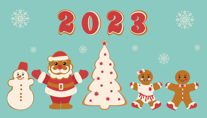 Festive cookies in the shape of a snowman, Santa, Christmas tree and gingerbread men. Merry Christmas decoration.New Year and Christmas celebration.