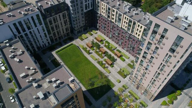 Drone aerial view modern building Residential complex Faina Town. Construction of residential premises. Kyiv capital of Ukraine