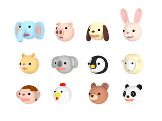 Animal character faces illustration set Left facing , 3D illustration