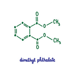 Dimethylphtalate hand drawn vector formula chemical structure lettering blue green