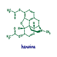 Heroine hand drawn vector formula chemical structure lettering blue green