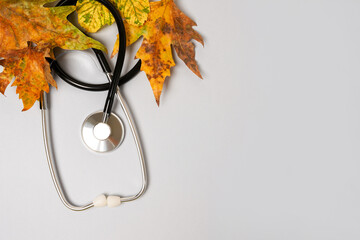 stethoscope with autumn leaves on gray background with copy space, autumn medicine