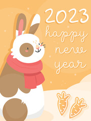 The design of the New Year's postcard 2023 rabbit. A card with a cute rabbit with gingerbread cookies in cartoon style and the text happy new year. Vector illustration.