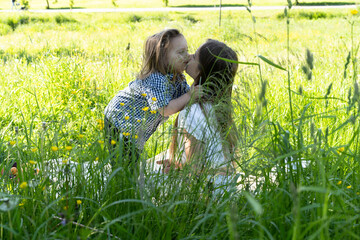Brother and sister are playing iand kissing n the park among the green grass. Children hug tightly....