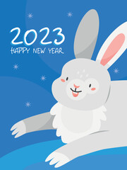 The design of the New Year's postcard 2023 rabbit. A card with a cute happy rabbit in cartoon style and the text happy new year. Vector illustration.
