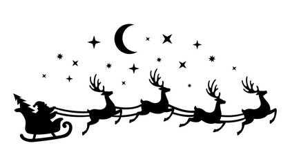 Santa's sleigh with reindeer flies across the sky.Vector silhouette.Template for laser, paper cutting, printing on T-shirts, mugs. Christmas illustration.Isolated on white background. © Volha Shybut