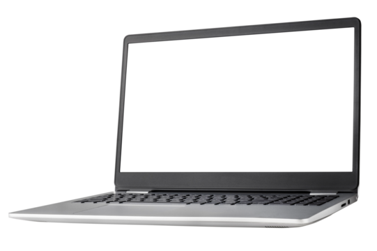 Laptop computer with blank screen isolated on white background.