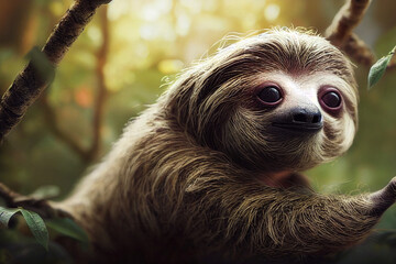 cute adorable sloth closeup on the tree 3d illustration