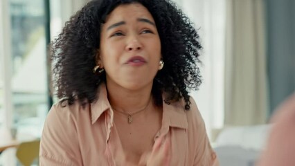 Couple fight, frustrated woman and angry shouting, argue and conflict divorce, breakup and relationship problems. Unhappy, stress and disagree partner screaming, anger and annoyed marriage cheating