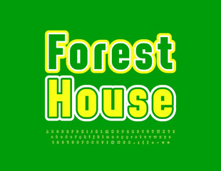 Vector eco logo Forest House. Bright Alphabet Letters and Numbers. Green and Yellow Font