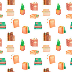 Watercolor seamless pattern with Books. Perfect for textile and scrapbooking.
