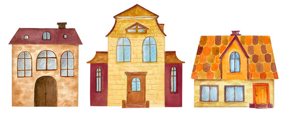 Naklejka premium Country houses isolated on white background. Watercolor hand drawn illustration.