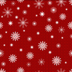 Fototapeta na wymiar Winter seamless pattern, background. White snowflakes on a red background stylized as embroidery. Vector