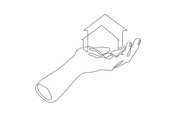 Fototapeta na wymiar One continuous line. Residential building in the palm of your hand. Private residential building. Open hand gesture. One continuous line is drawn on a white background.
