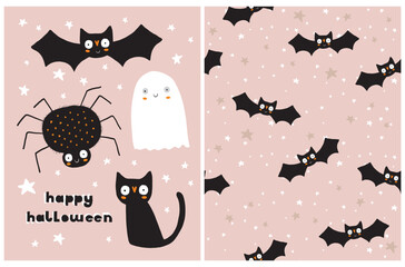 Fototapeta na wymiar Cute Hand Drawn Halloween Vector Card and Seamless Pattern. Little White Ghost, Black Spider, Cool Bat, Sweet Funny Cat and Stars on a Pastel Pink Background. Lovely Pink Halloween Prints.