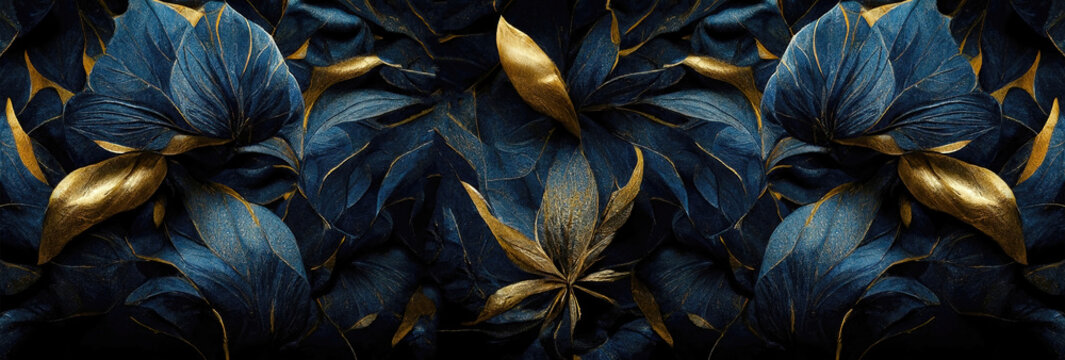 Luxurious golden, dark floral background. Flower design for wallpaper for prints, covers. 3d artwork