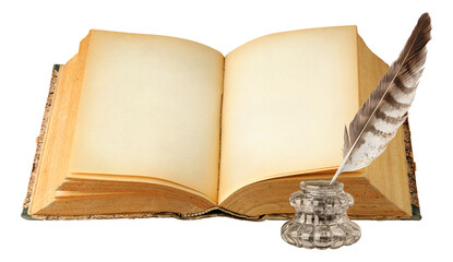 Open book with blank pages, ink and quill cut out