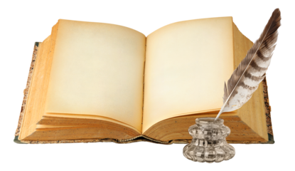 Open book with blank pages, ink and quill cut out