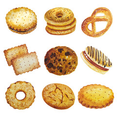 Watercolor bakery clipart set of cookies. For cafe menu, for barista, for stickers and postcards, for all, who like fresh pastry