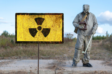 Old textural sign of radiation hazard, military chemical reconnaissance measures the level of...