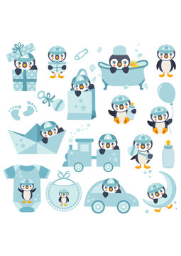 Set of blue digital elements with cute baby boy penguin