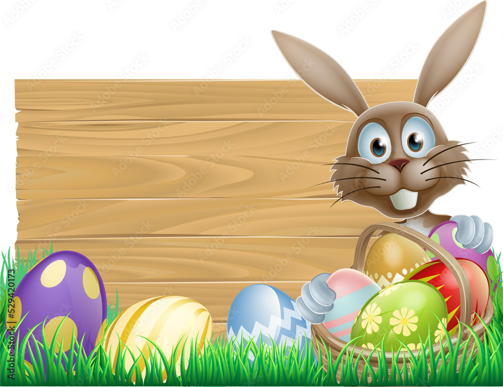 Wall mural Happy Easter bunny and wooden sign