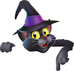 Pointing cartoon witchs cat