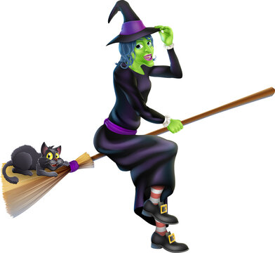 Witch on Broom with Black Cat