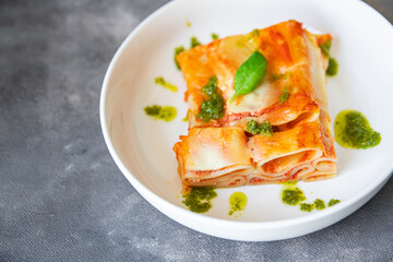 pasta casserole ziti lasagna tomato sauce, cheese fresh  meal food snack on the table copy space food background