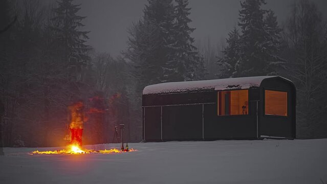 Timelapse of couple keeping warm by fire in winter landscape. Cabin in the forest. 