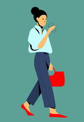 vector flat design illustration of a beautiful girl in fashionable clothes walking down the street and drinking coffee or a cold drink. useful for web, graphic design, print, coffee shop advertising.