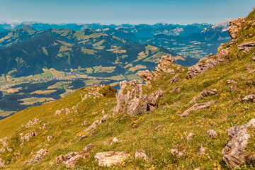 Beautiful alpine summer view at the famous Kitzbueheler Horn summit, Kitzbuehel, Tyrol, Austria
