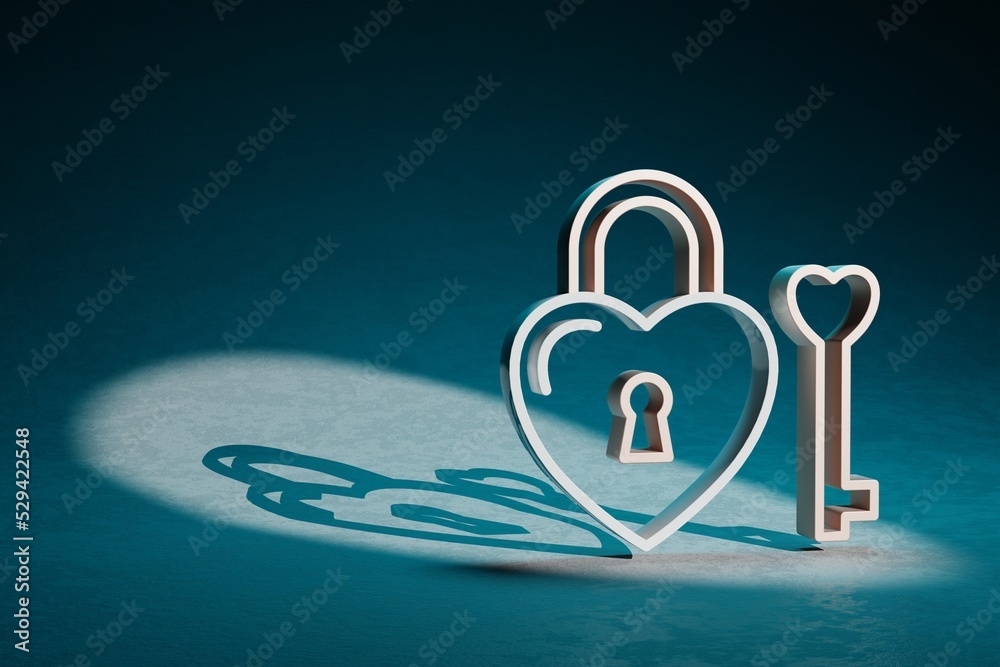 Poster beautiful abstract illustrations heart padlock symbol icon on a dark blue background. 3d rendering i