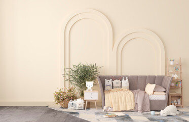 Minimal children room design, sofa with toys and plants in bright sand color interior background, 3d render
