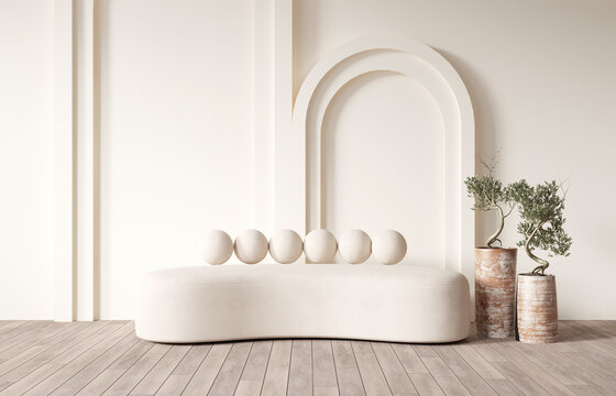 Modern living room mockup, beige minimal sofa on empty wall background, 3d render