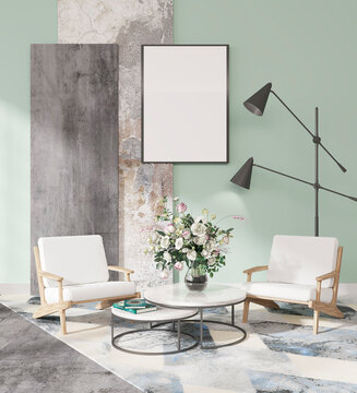 mock up poster frame in modern interior background, living room, Contemprorary style, 3D render, illustration	