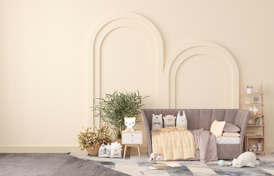 Minimal children room design, sofa with toys and plants in bright sand color interior background, 3d render