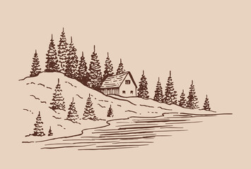 Landscape with pine trees and country house. Hand drawn illustration converted to vector.